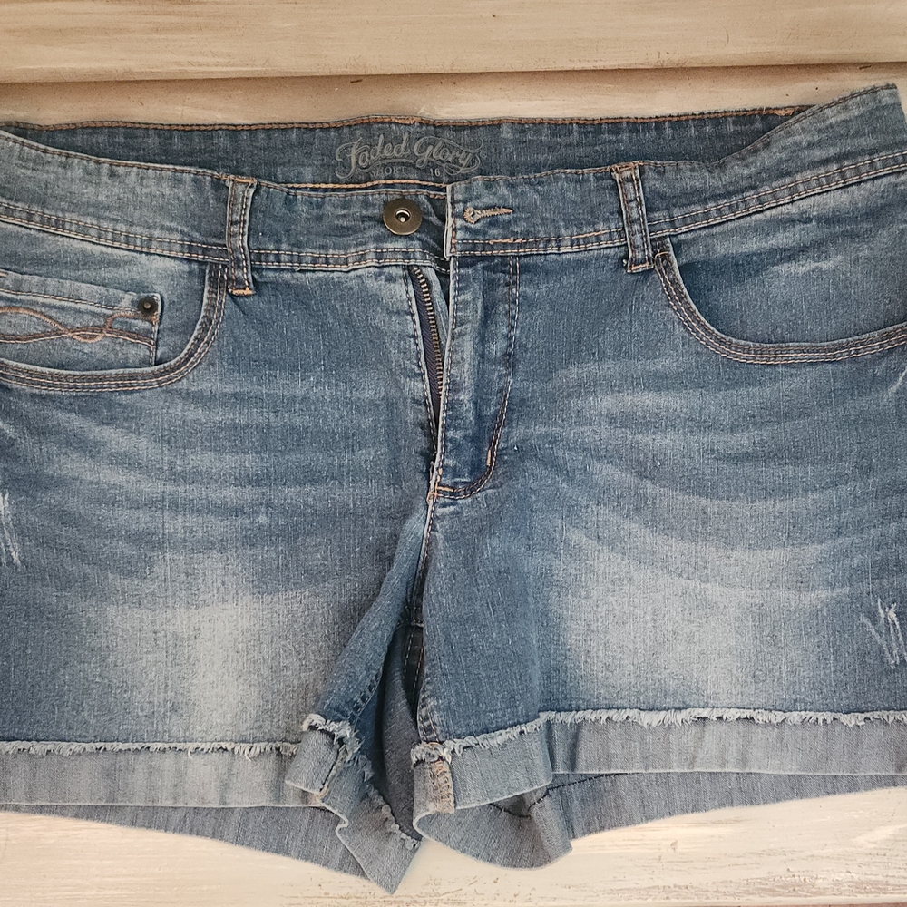 Faded Glory Blue Denim Shorts with Frayed Hem